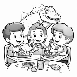 two boys and a girl eating tacos with a dinosaur