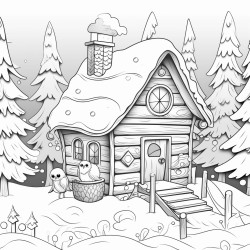 a cozy christmas cabin in the woods with snow on the roof smoke curling from the chimney owls with tiny scarves is perched on the rooftop in front of the cabin theres a wooden fence covered in snow and decorated with red ribbons