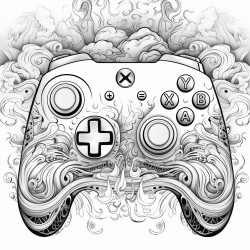 a detailed game controller surrounded by swirling smoke and techinspired designs