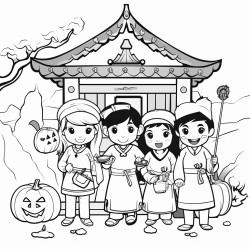 korean hanok with jackolanters and kids in halloween costumes