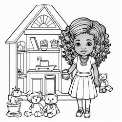 african american cute girl playing with dolls and a doll house