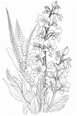 a delicate arrangement of bluebells and ferns on white background