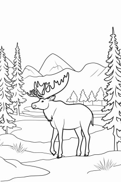 moose in a forest clearing a moose standing in an open forest clearing with trees and mountains in the distance