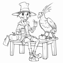 birds sitting on the arms of a stick scarecrow and drinking lemonade
