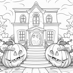 a giant pumpkin carved with a spooky face in the garden of a house the house is decorated for halloween