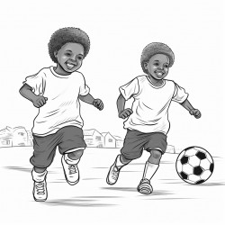 a professional  sketch drawing of 2 african chlidren playing  soccer for coloring book