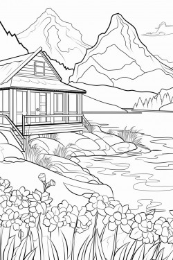 a hours in switzerland landscape with a quaint stone house surrounded by flowers wooden dock extending into a lake