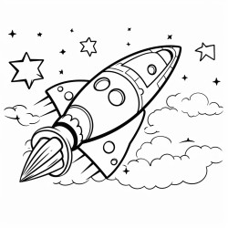 a mischievous spaceship zooming through a starry sky leaving a trail of smoke