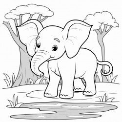 a cute elephant with large ears and a curved trunk standing near a waterhole