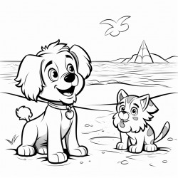 a lion and a dog playing with a butterfly in the beach