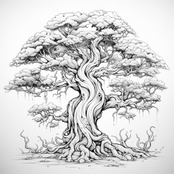 tree highly detailed black outline zen theme floral elements no grayscale epic illustration masterpiece