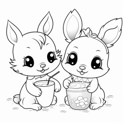 cute bunny and cute dog drinking from cup with straw