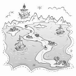 a simple treasure map featuring islands an x marking the spot and dotted lines showing a route