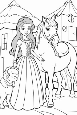 a cute princess standing in front of a barn with a cow and a horse