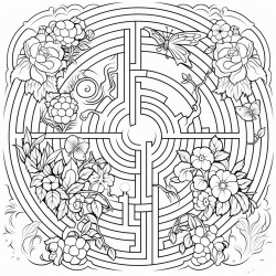 a complex labyrinth set in a garden with flowers and butterflies along the path