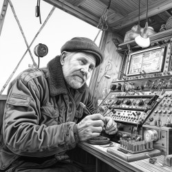 an old ham radio operator talking on his radios on a rainy day