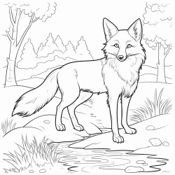 coloring page fox standing near a stream with trees in the background no shading high details thick lines