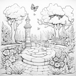 full page image of a garden in whimsical style with stone garden pathways plants and an offset tiny butterfly