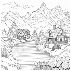 mountains with houses and lake