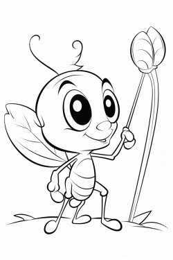 cartoon ant with cute face carrying a leaf
