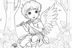fantasy cute little male forest fairy that plays a flute to gather birds