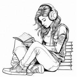 rocker girl listening to music while reading