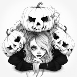 dark animation of two girls wearing pumpkin heads one holding a females head in her hands