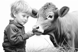 boy showing a cow