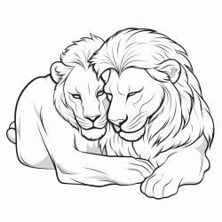 a simplified goofy accurate cartoon lion and lioness couple closed eyes sleeping vector no acessories black and white for coloring no shadows