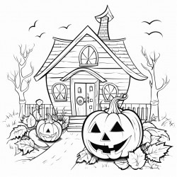 a giant pumpkin carved with a spooky face in the garden of a house the house is decorated for halloween