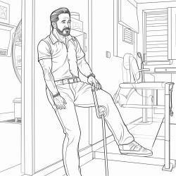 old science teacher in leather pants and high pony tail in a lift with an injured foot