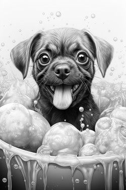 happy pug in a bath tub with lots of bubbles