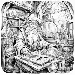 happy wizard in a room with magic artifacts