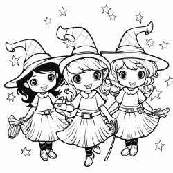 3friendly witches flying on broomsticks