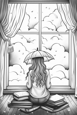 raining girl back window bookshelf coffee sketch