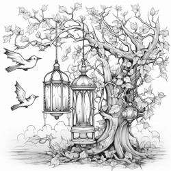 a gothic lantern hanging from a twisted tree branch with bats flying in the background