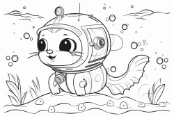 space cat exploring underwater ruins