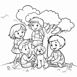 the sun is high in the sky four children are playing below by a tree next to them is a puppy