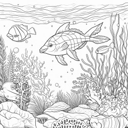 a vibrant underwater scene with various sea creatures like fish turtles a whale and coral reefs