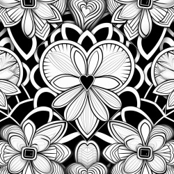 seamless pattern flowers hearts geometric shapes line art black and white mandala repeating pattern