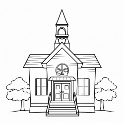 a two story country school house a flag pole to the left and bell tower stairs to 2nd floor