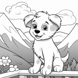 plush puppy sits on a railing in front of a mountain
