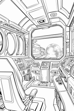 futuristic cabin of a spaceship in space with screens in space