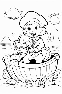 pirate sitting inside a pumpkin boat mountains in the background