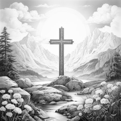 create an image of a solemn scene with a prominent cross in the center
