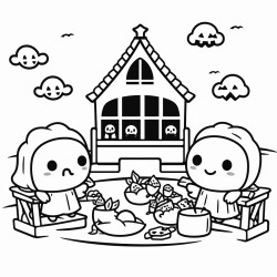 a kawaii picnic scene in a graveyard with cute ghosts as guests
