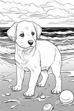 puppy at the beach playing with a ball