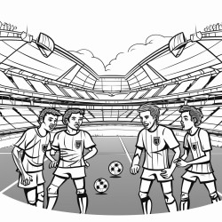 a soccer game in a stadium with four players disputing a match