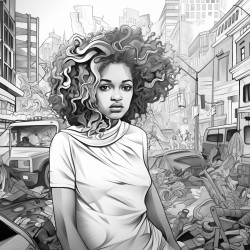 prompt african american woman in the city surrounded by chaos