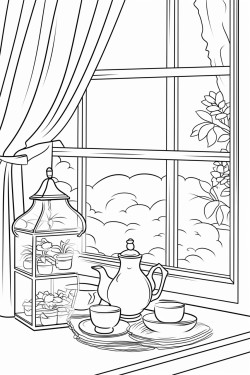 a cute tea time by the window coloring bookvector white background black and white black drawing coloring page